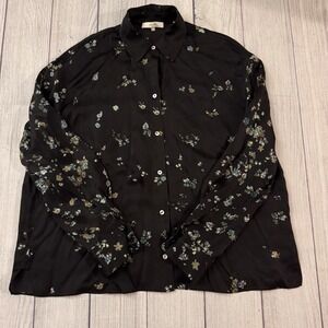 Vince. Floral Black 100% Silk Chiffon Collared Long Sleeve Button-Down Blouse S